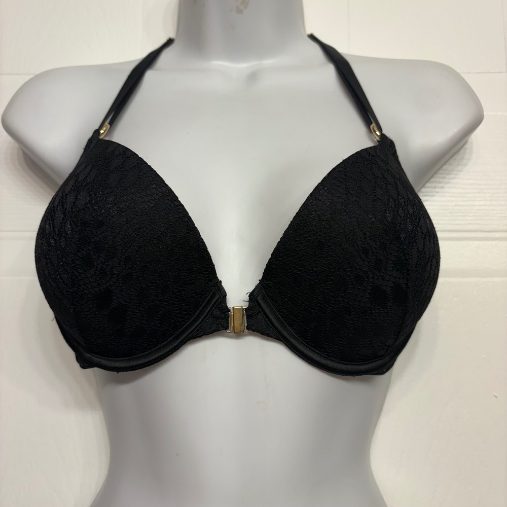 Victoria's Secret Very Sexy Push-Up Bra Women 34C Black T-Back Gold O-Ring NEW